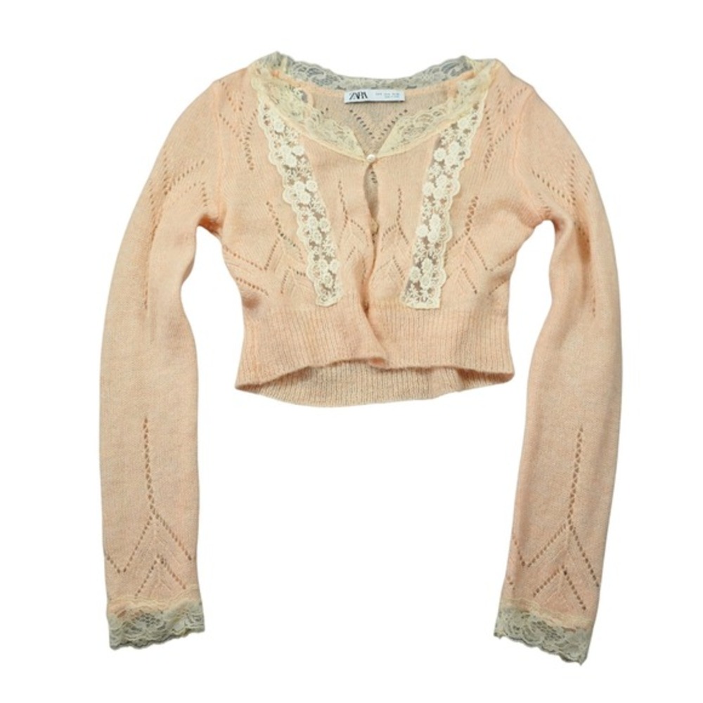 ZARA Peach Pointelle Lace Trim Cropped Cardigan Sweater Delicate Cottagecore